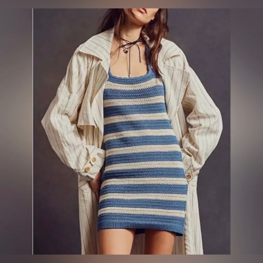 Free People Beach Cotton Blend Striped Knit Tank Dress Blue & Cream Large - Picture 3 of 10